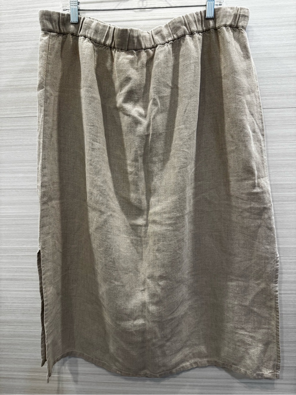 Eileen Fisher Organic Linen Neutral Beige Drawstring Elastic Waist Midi Skirt - Picture 2 of 5